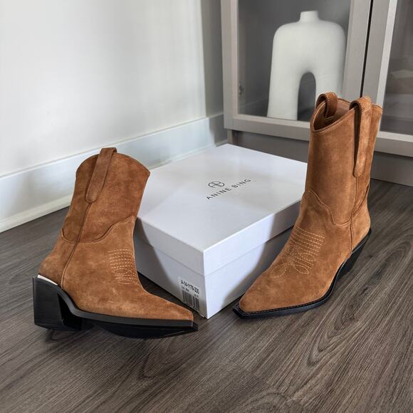 Anine Bing Mid Tania Toffee Suede Western Boots 36 NEW Cowgirl Leather Bootie - Picture 7 of 7